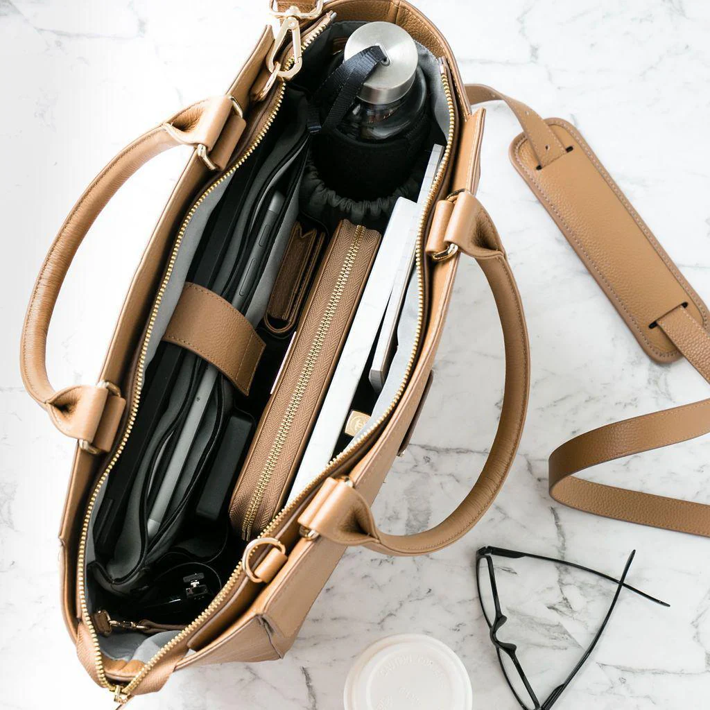 DANIELLE Designer Laptop Handbag | TAN LEATHER | CHAMPAGNE GOLD - Image 4