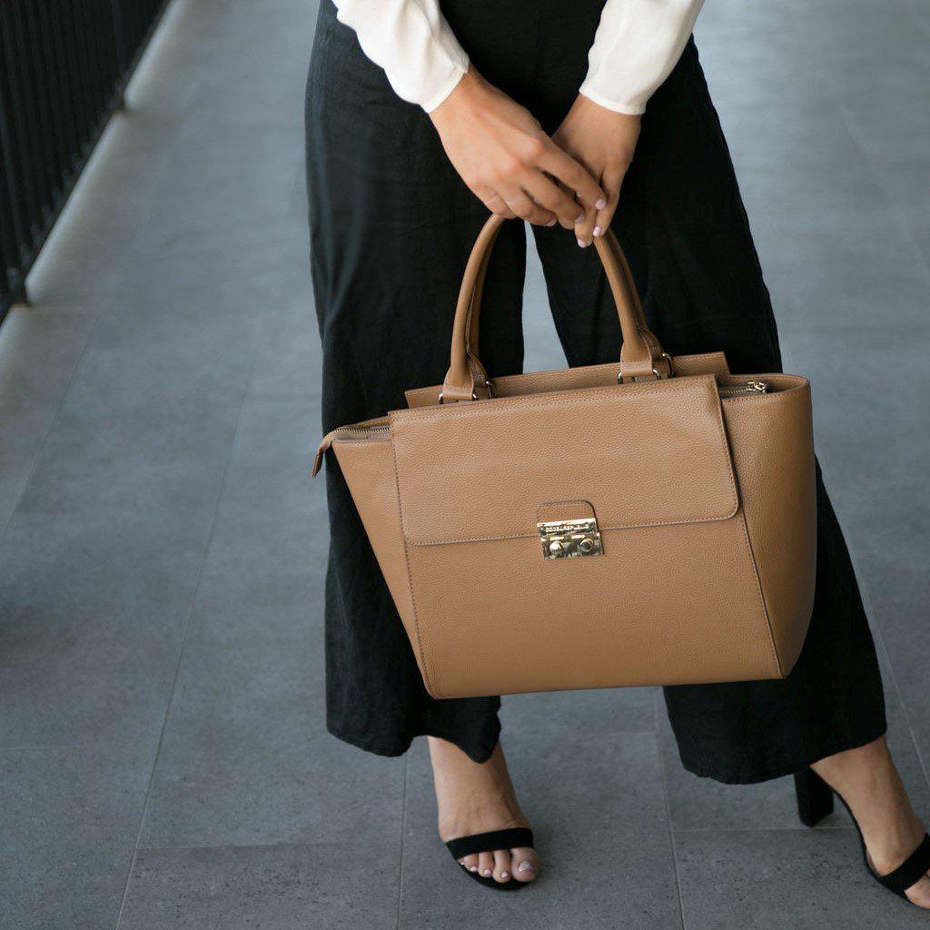 DANIELLE Designer Laptop Handbag | TAN LEATHER | CHAMPAGNE GOLD - Image 8